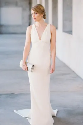 simple elegant sleeveless ivory satin V neckline peplum mermaid long wedding dress