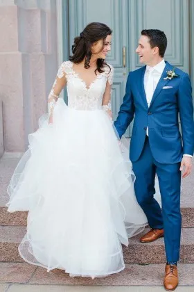 illusion lace and flounced tulle long sleeve V neckline romantic ball gown wedding dress
