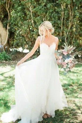 ivory lace and organza sweetheart cap sleeve A line spring wedding dress