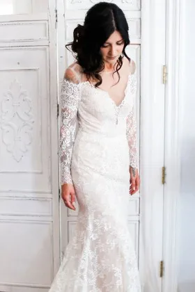 elegant ivory lace mermaid long sleeve wedding dress