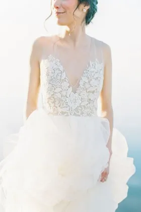 sexy deep V neckline sleeveless sheer floral lace and tulle long wedding dress
