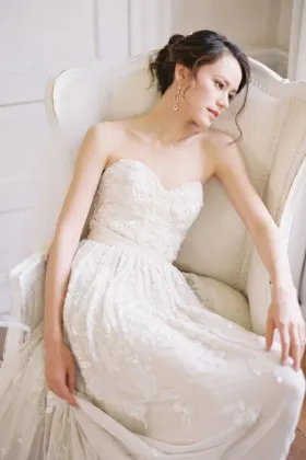 luxury beaded floral ivory chiffon strapless sweetheart floor length wedding dress