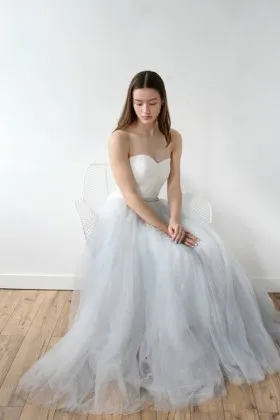 pleated strapless sweetheart beaded grey tulle simple bridal dress