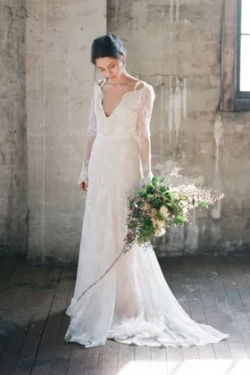 romantic lace scalloped plunging long sleeve destination illusion wedding dress