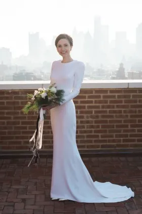 modern crew neckline long sleeve white spandex mermaid wedding dress