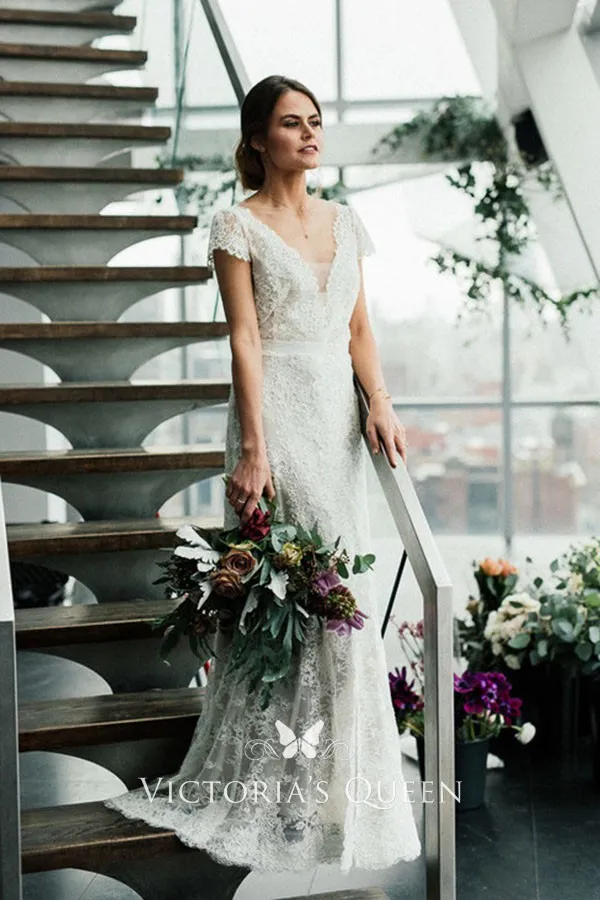 vintage ivory lace scalloped V neckline modest short sleeve A line wedding dress