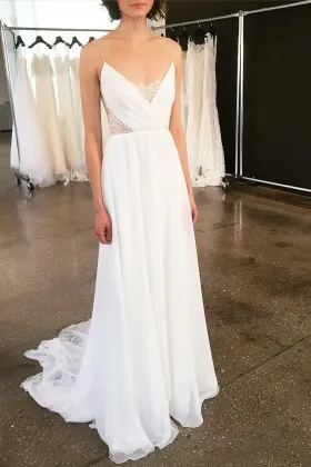 white chiffon informal wedding dress with spaghetti straps and detachable tulle train