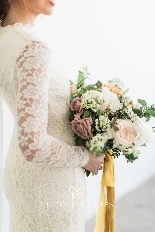 ivory lace fit and flare long sleeve vintage wedding dress