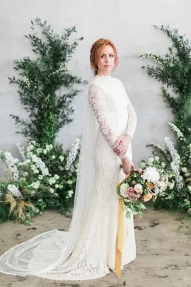 scalloped high collar ivory lace fit and flare long sleeve vintage wedding dress