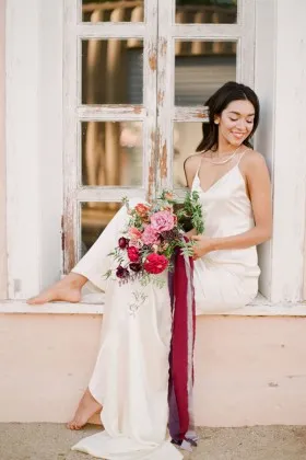 ivory satin V neckline sexy informal wedding dress with spaghetti straps
