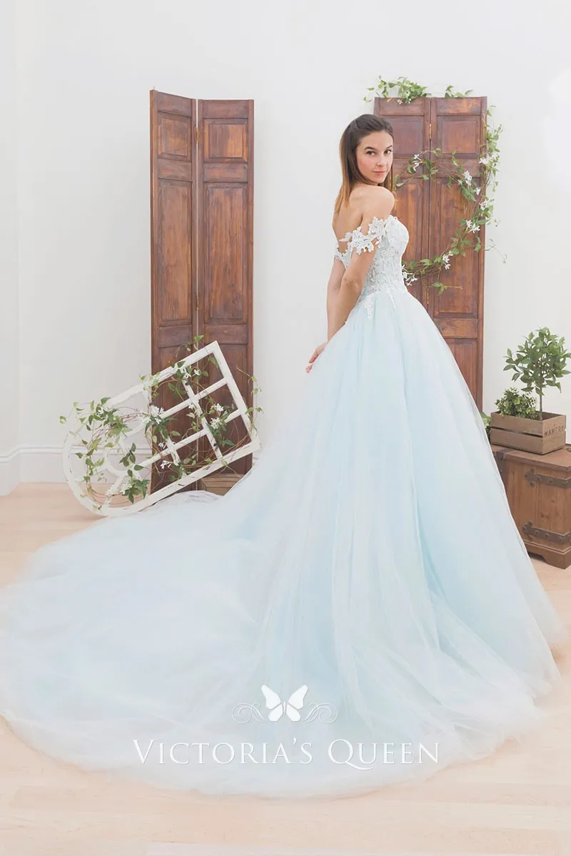 light blue lace and tulle off the shoulder ball gown wedding dress light blue lace and tulle off the shoulder ball gown wedding dress