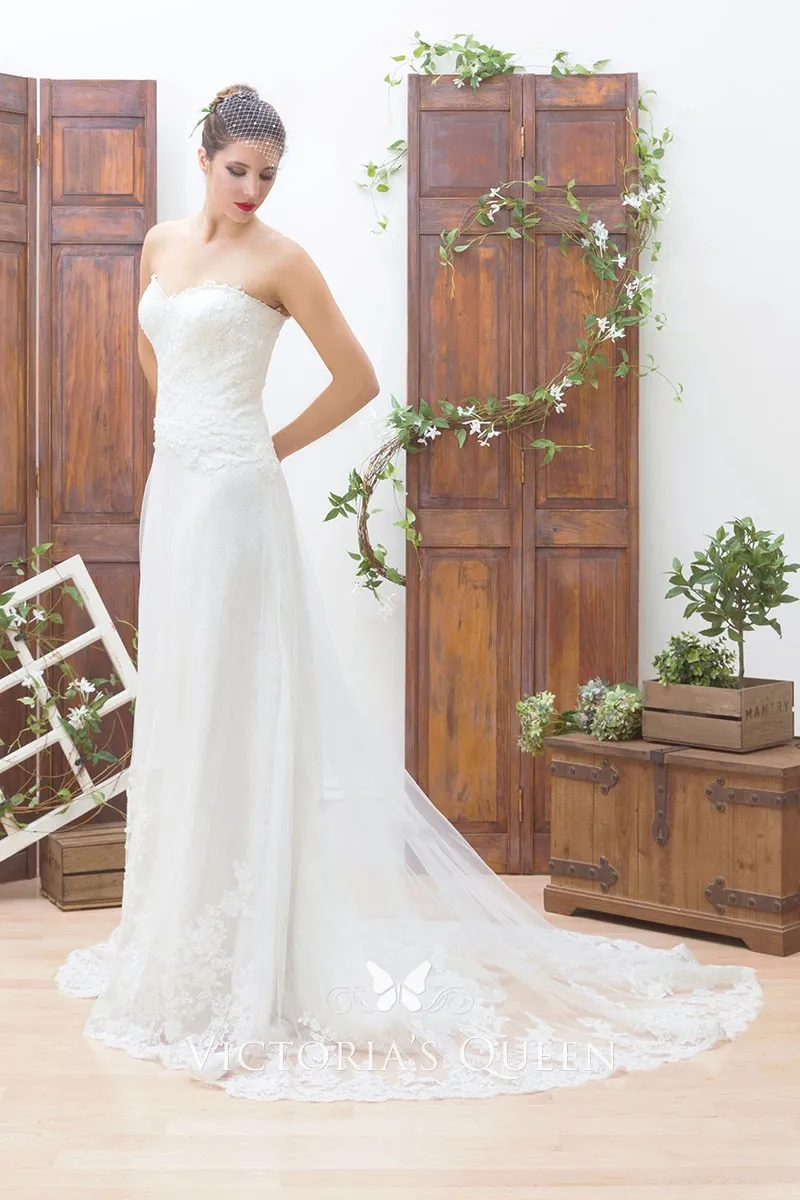 Strapless Sweetheart White Lace Dropped Waist Elegant Aline Wedding