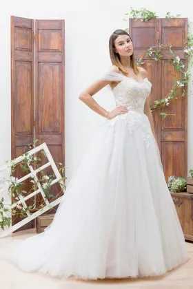 white lace and tulle off the shoulder basque waist princess ball gown wedding dress