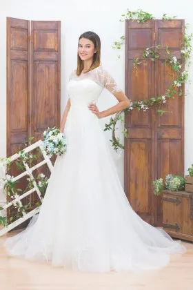 illusion short sleeve empire waist perfect white lace and tulle wedding dress