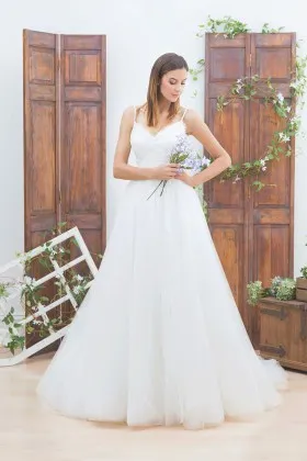 white lace and tulle simple empire waist spaghetti strap A line wedding dress