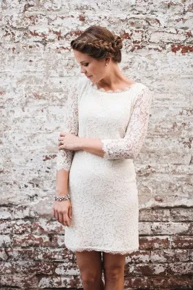 short white lace scalloped boat neckline 34 sleeve vintage wedding dress