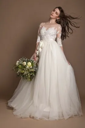 Ivory Ball Gown Wedding Dress V Neck Tea Length Lace Bridal Dress