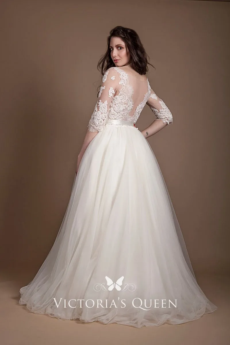 Illusion Elbow Sleeve Lace and Tulle Wedding Ball Gown VQ