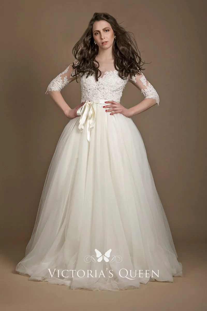 Illusion Elbow Sleeve Lace and Tulle Wedding Ball Gown VQ