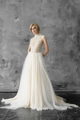 vintage high neckline and cap sleeves beige lace and tulle wedding dress