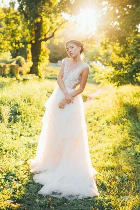 mysterious illusion neckline lace cap sleeve romantic A line tulle wedding dress