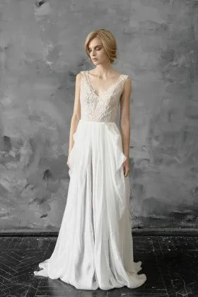 retro ivory lace and chiffon V neckline sleeveless floor length A line bridal dress