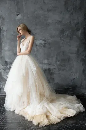 sleeveless beige tulle lace appliqued princess chapel train ball gown wedding dress