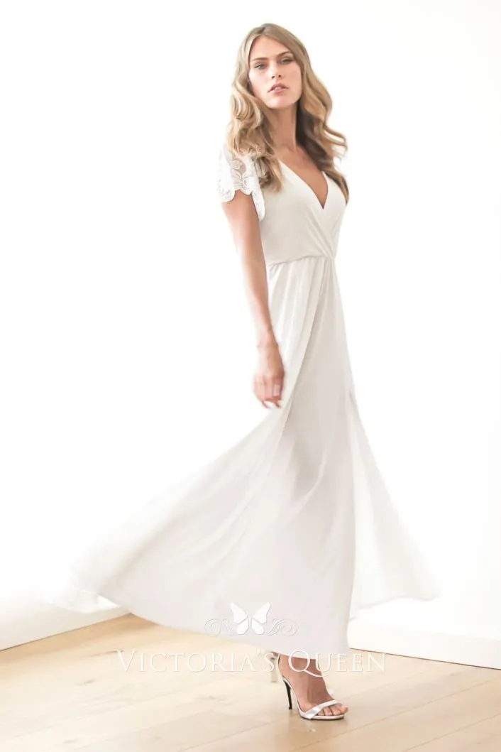 ankle length V neckline short sleeve ivory jersey wedding dress ankle length V neckline short sleeve ivory jersey wedding dress