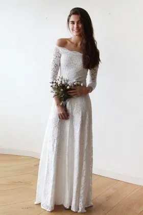 vintage style off white lace off the shoulder long sleeve floor length wedding dress