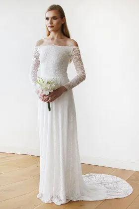 feminine off the shoulder white lace column long sleeve semi formal wedding dress