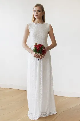 elegant scalloped sleeveless white lace floor length A line wedding dress