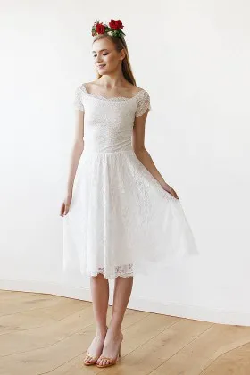 modest short sleeve short white lace scalloped scoop neckline cute wedding dress