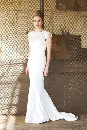 1950s Vintage inspired ivory satin mermaid wedding dress with lace cap sleeves