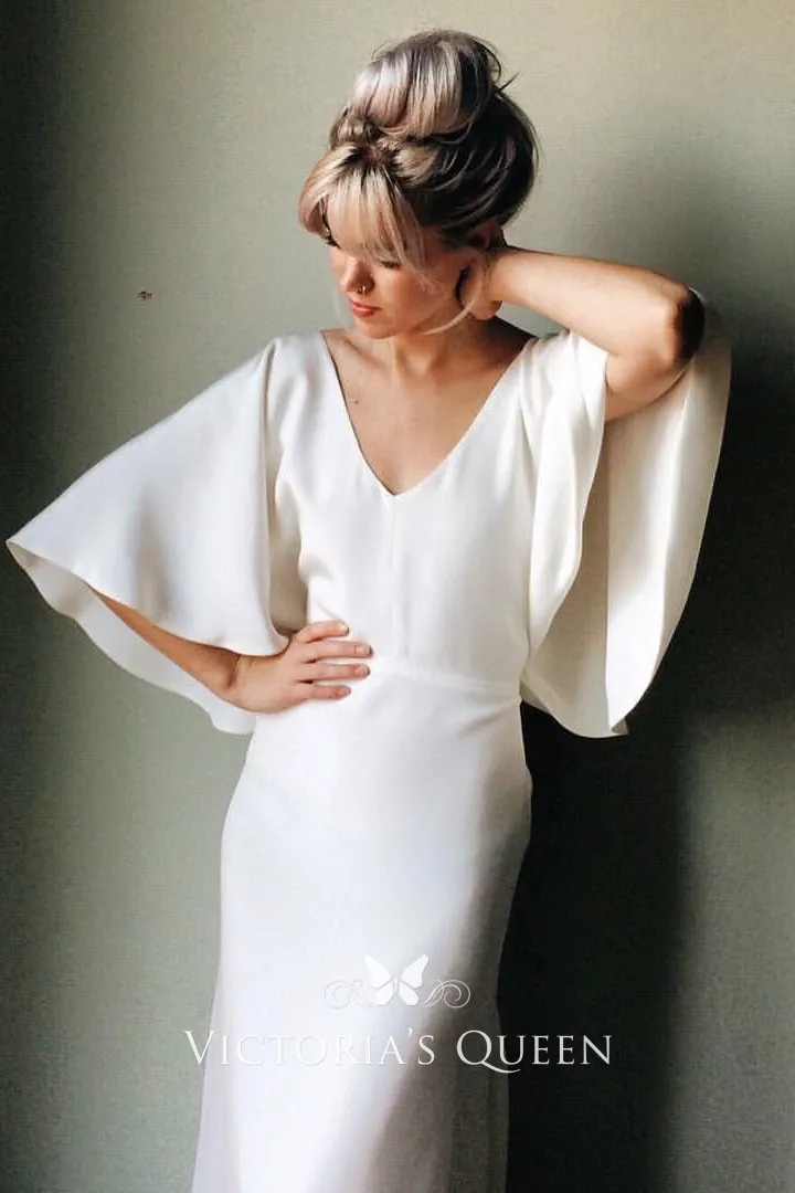 simple flutter sleeve V neckline ivory sleek satin bridal dress simple flutter sleeve V neckline ivory sleek satin bridal dress