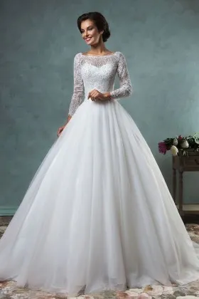 illusion pearls beaded sheer long sleeve ball gown tulle wedding dress