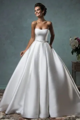 Simple Strapless Ivory Satin Beaded Wedding Ball Gown - VQ