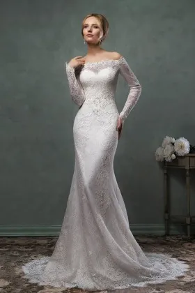elegant mermaid lace wedding dress with illusion off the shoulder long sleeves