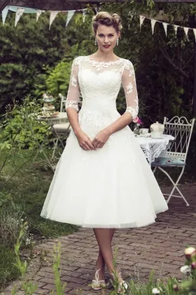 ivory rustic lace and tulle tea length illusion elbow length sleeve wedding dress