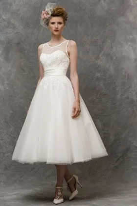 elegant lace bodice illusion neck tea length tulle wedding dress