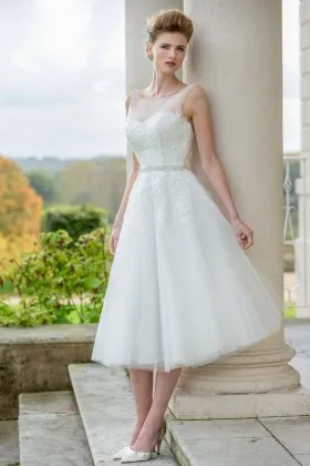Illusion Neck Subtle Lace Tulle Modern A line Tea Length Wedding Dress