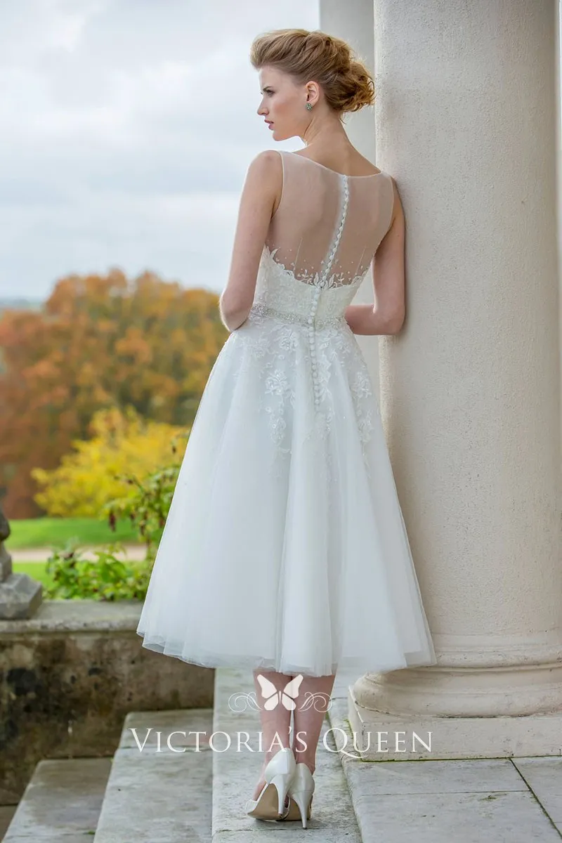 Modern A line Illusion Back Tea Length Wedding Dress Modern A line Illusion Back Tea Length Wedding Dress