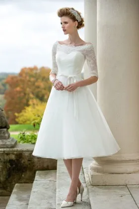 Tea length A line elegant bateau neck elbow length sleeve wedding dress