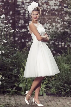 Knee Length Illusion Neck Sleeveless Polka Dot Wedding Dress