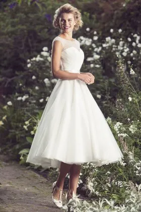 Cap Sleeve Illusion Neck Ivory Organza Elegant Tea Length Wedding Dress