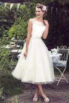 semi formal ivory tulle and lace illusion cap sleeve tea length wedding dress