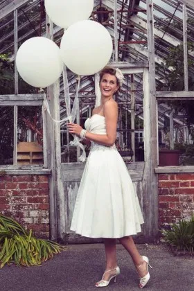 Cute ivory satin strapless sweetheart teal length A line beaded wedding dress