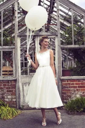 beaded ivory organza A line tea length rustic sleeveless wedding dress