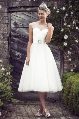 illusion beaded sweetheart cap sleeve rustic A line tea length wedding dress