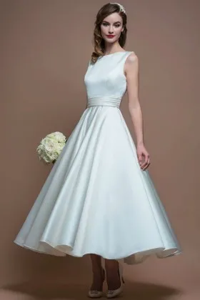 1950s vintage tea length A line bateau neck ivory satin sleeveless wedding dress