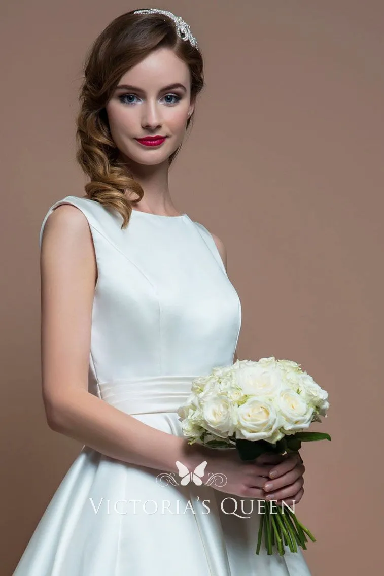 1950s vintage tea length A line bateau neck ivory satin wedding dress